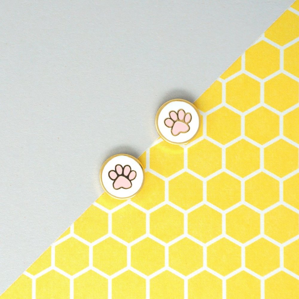 Handcrafted Pink Round Paw Enamel Stud Earrings